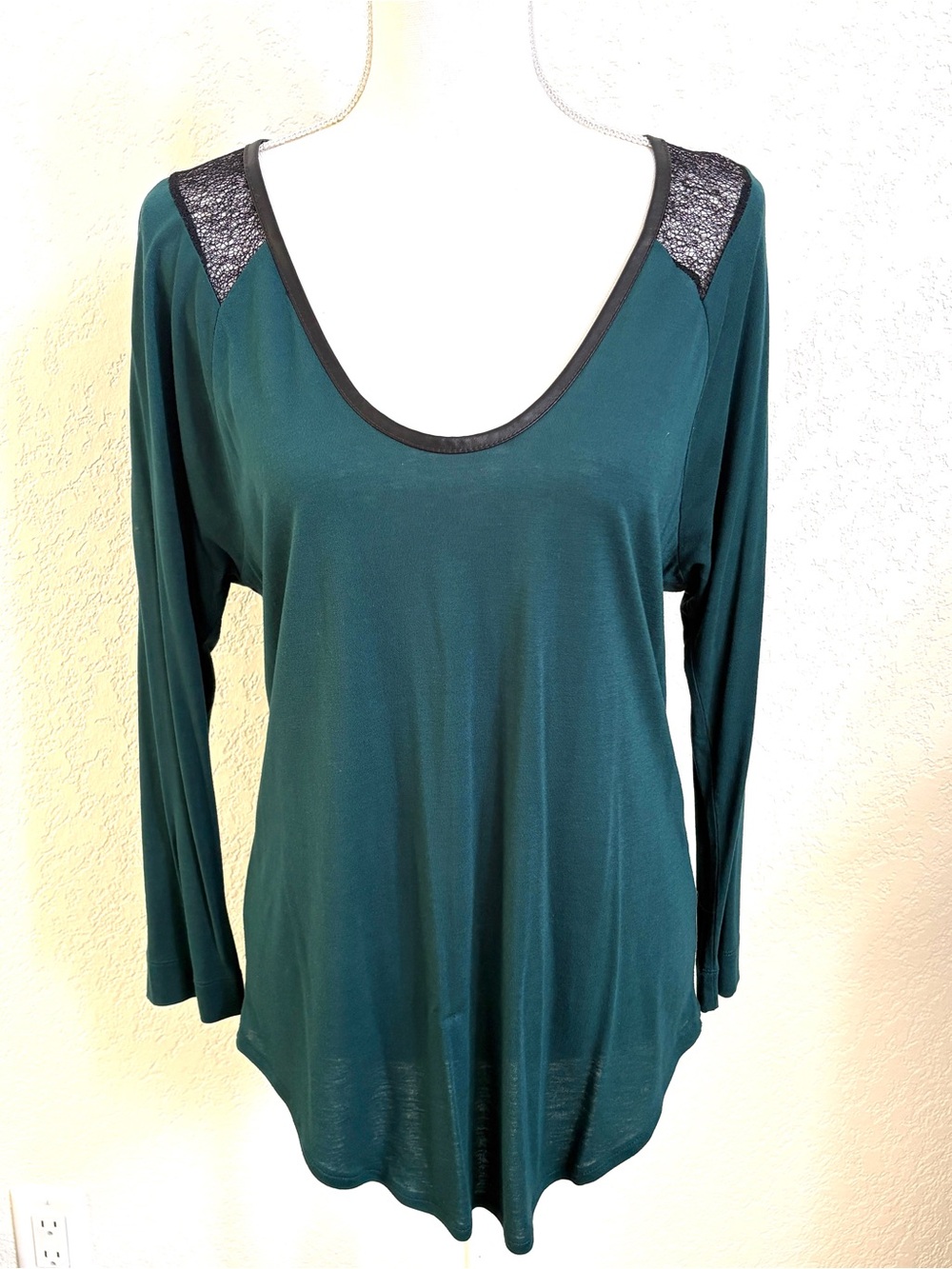 Calvin Klein Jeans Teal Long Sleeve Scoop Neck Top with Lace Shoulders L